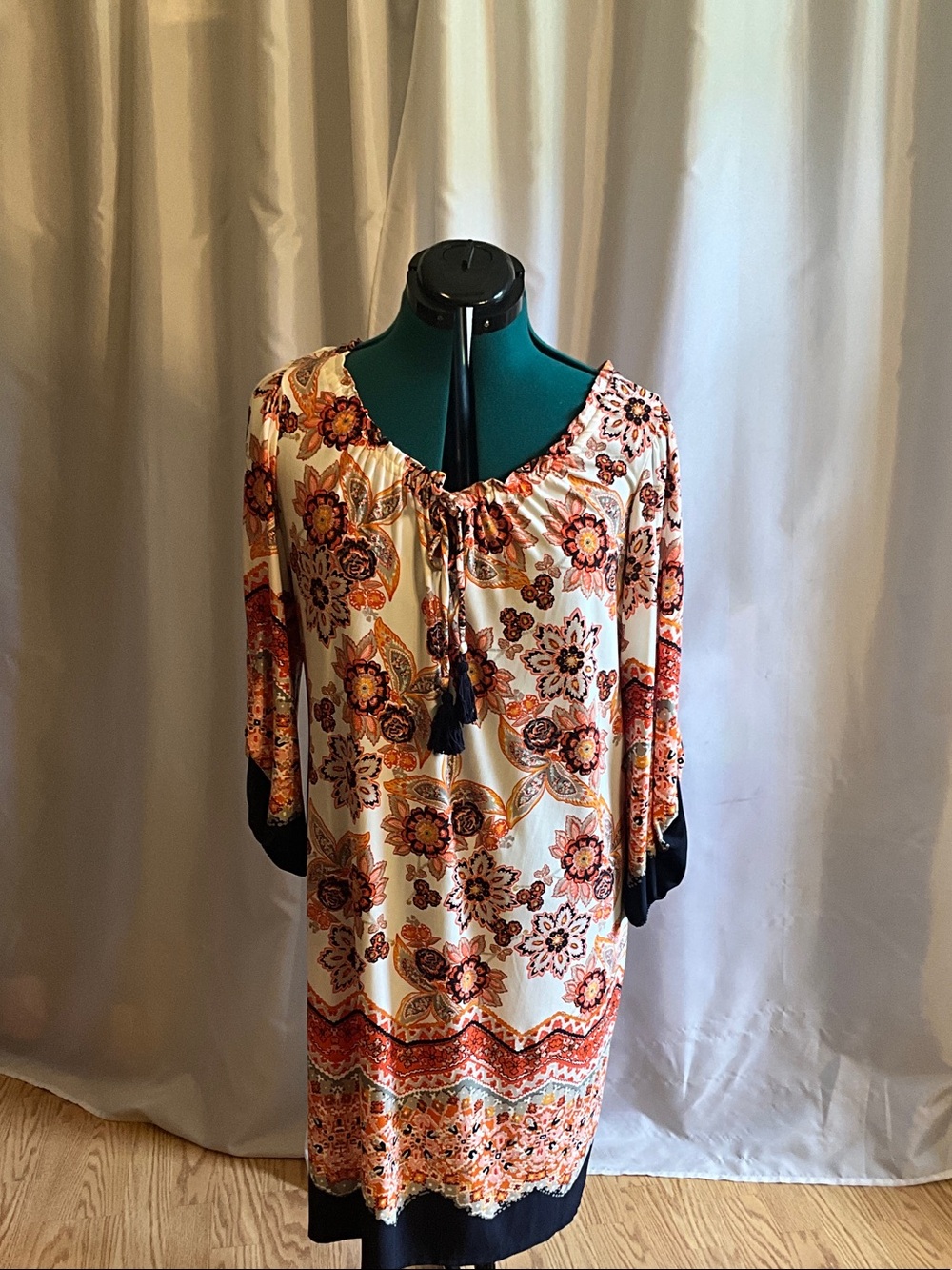 Tie-Neck Floral Midi Dress in Cream and Orange